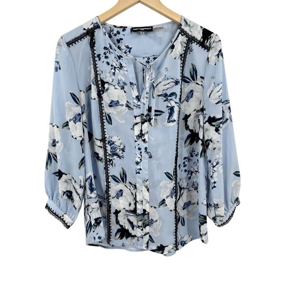 Karl Lagerfeld Tops - KARL LAGERFELD Women's Blue Floral Tie Neck 3/4 Sleeve Blouse Medium